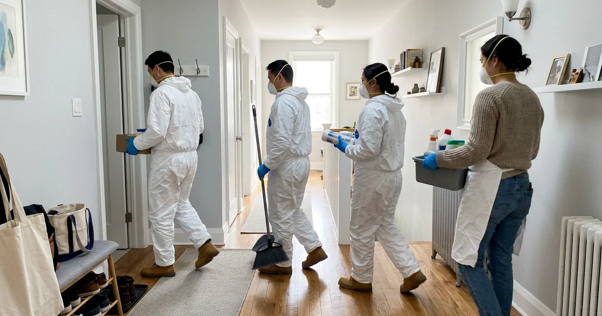 Four-person PPE crew working through a bright hallway, backs to camera
