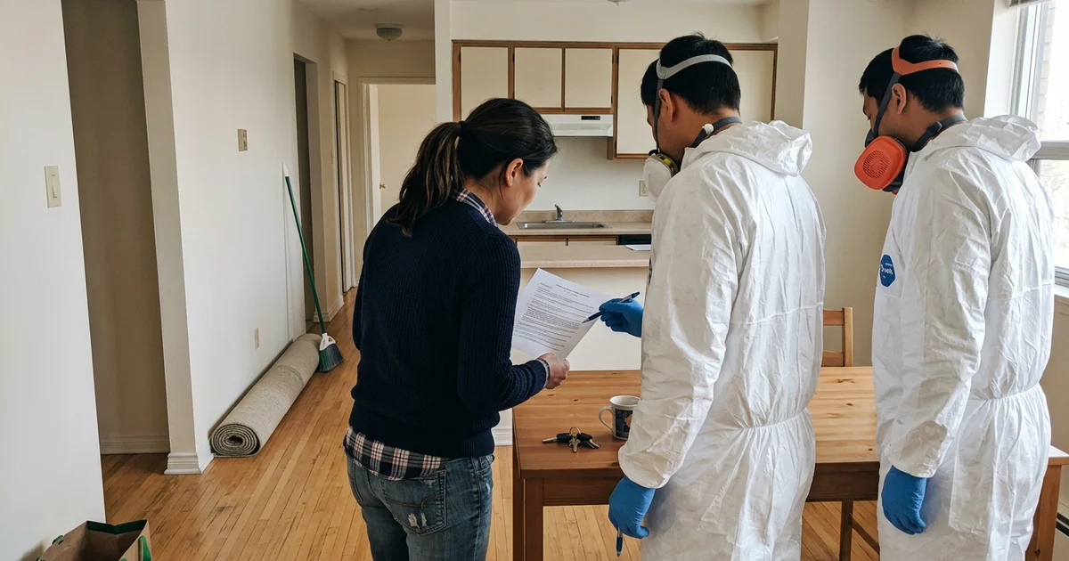 Landlord and crew lead reviewing a printed scope in a cleared rental unit