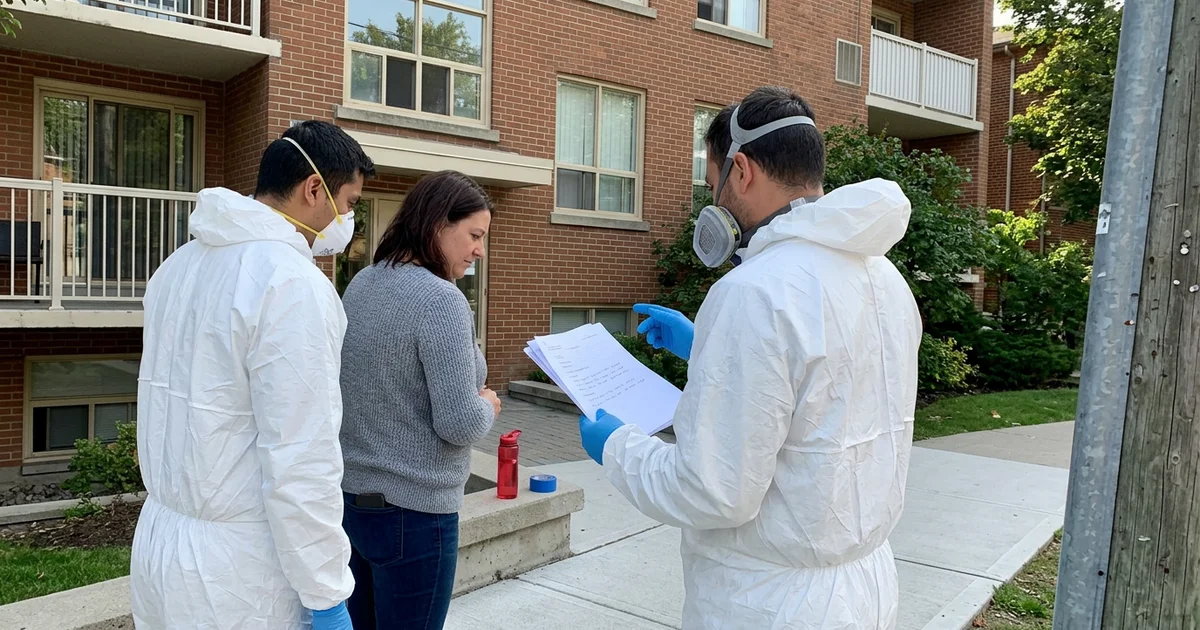 Property manager and crew lead reviewing paperwork outside a rental building