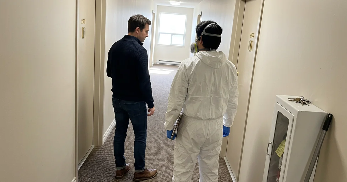 Property manager and crew lead in a cleared apartment hallway