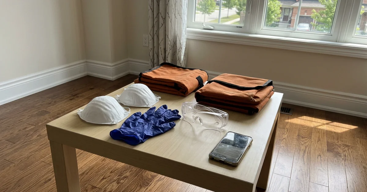 Safety gear laid out on a clean table: respirator, gloves, glasses and bags