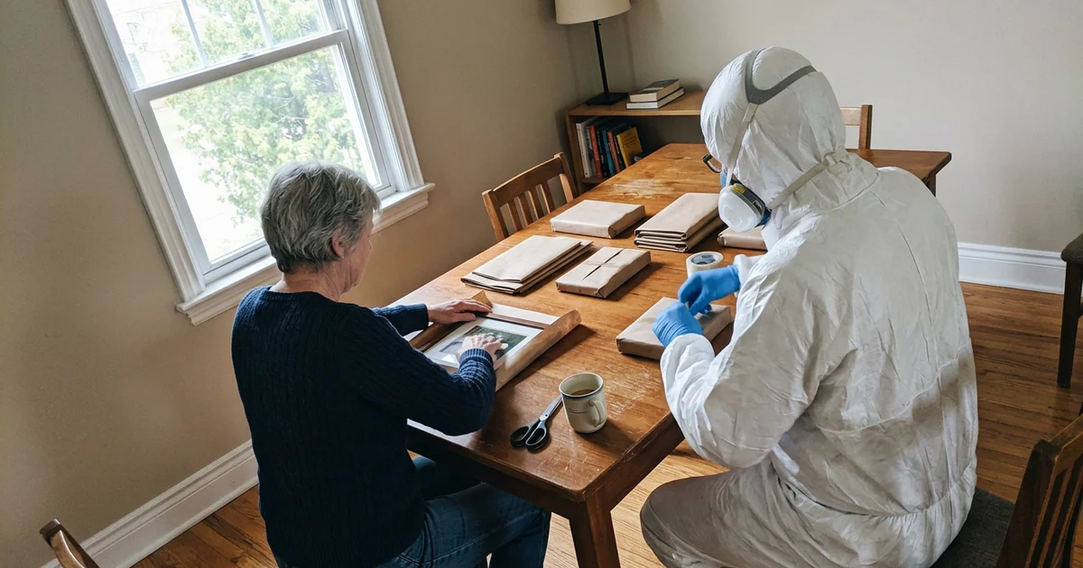 Senior and crew member wrapping framed photos at a table, faces turned away
