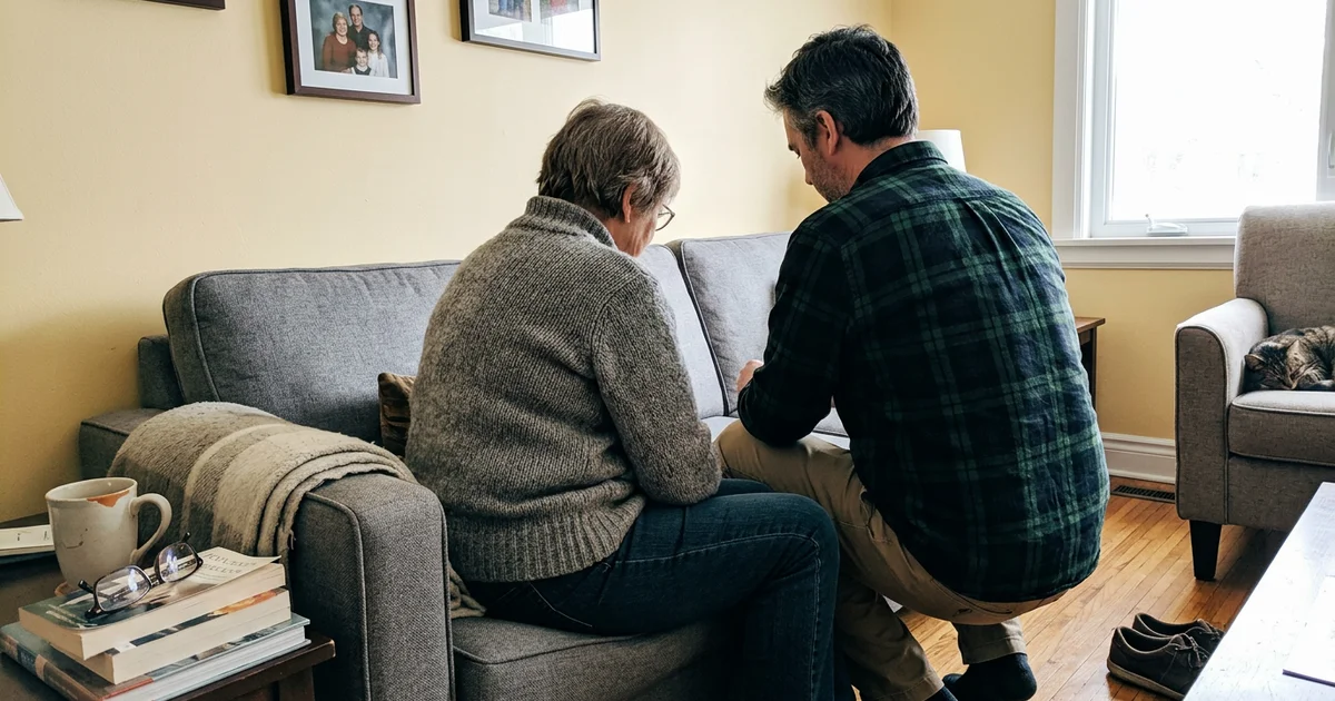 Senior parent and adult child on a clean sofa, seen from behind