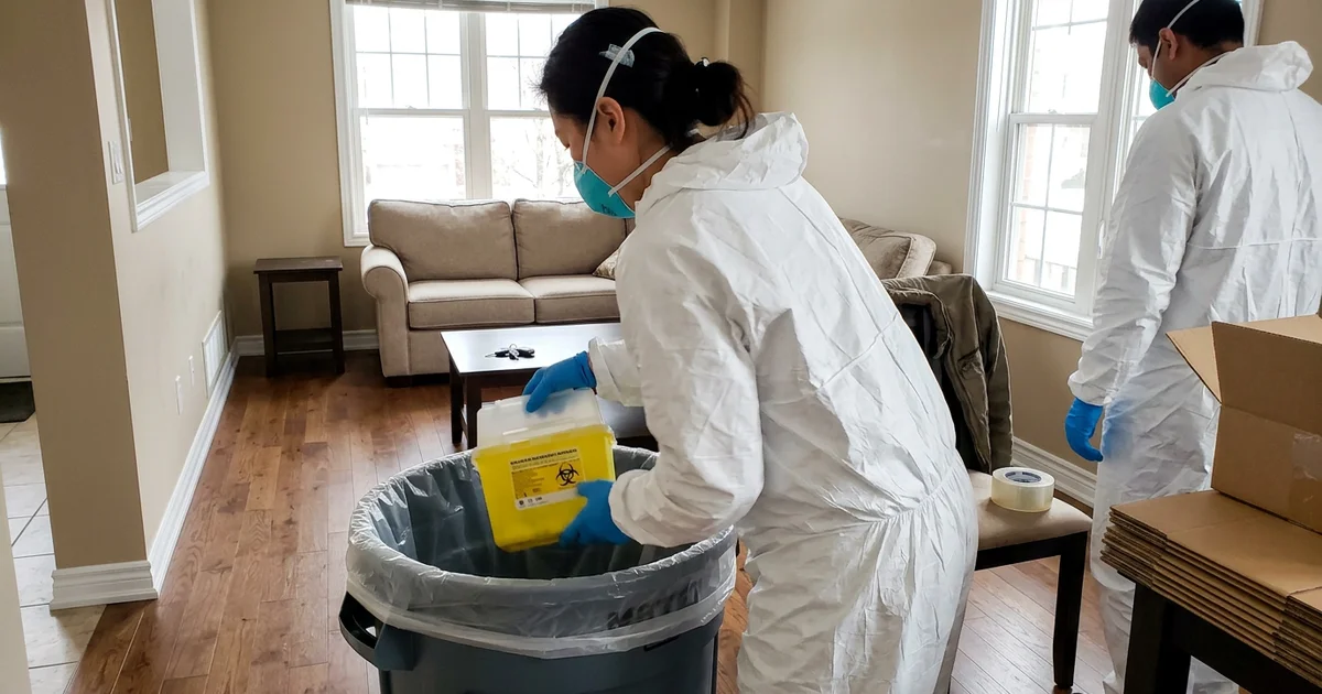 Technician in cut-resistant gloves placing a sealed sharps container into a bin