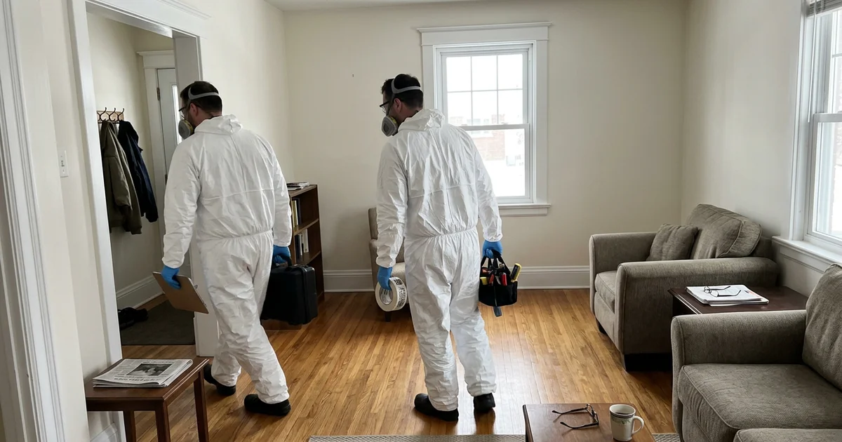 Two biohazard technicians in full PPE entering a contained room