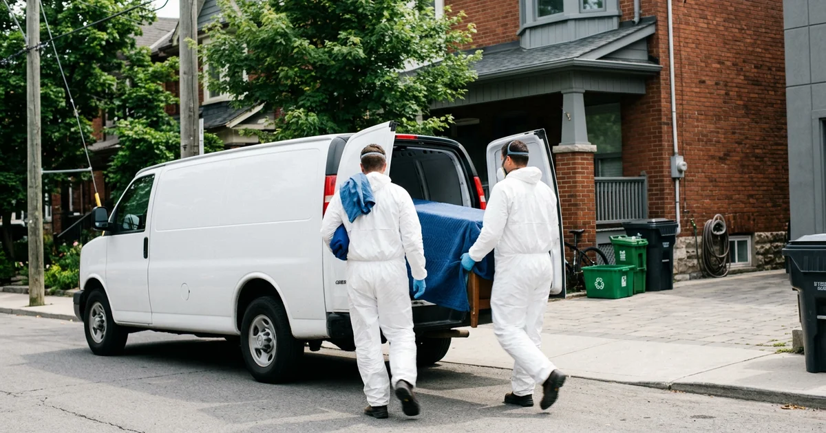 Crew carrying covered furniture to an unmarked van outside a brick home