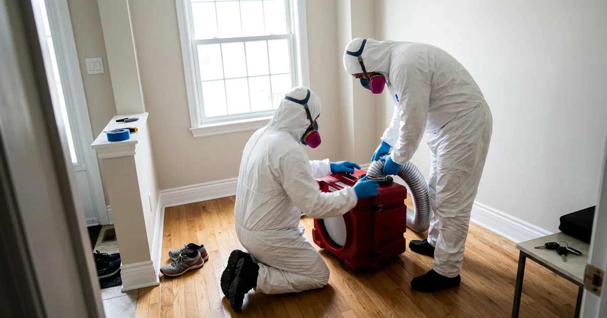 Two crew members in full PPE setting up a HEPA scrubber in an empty room