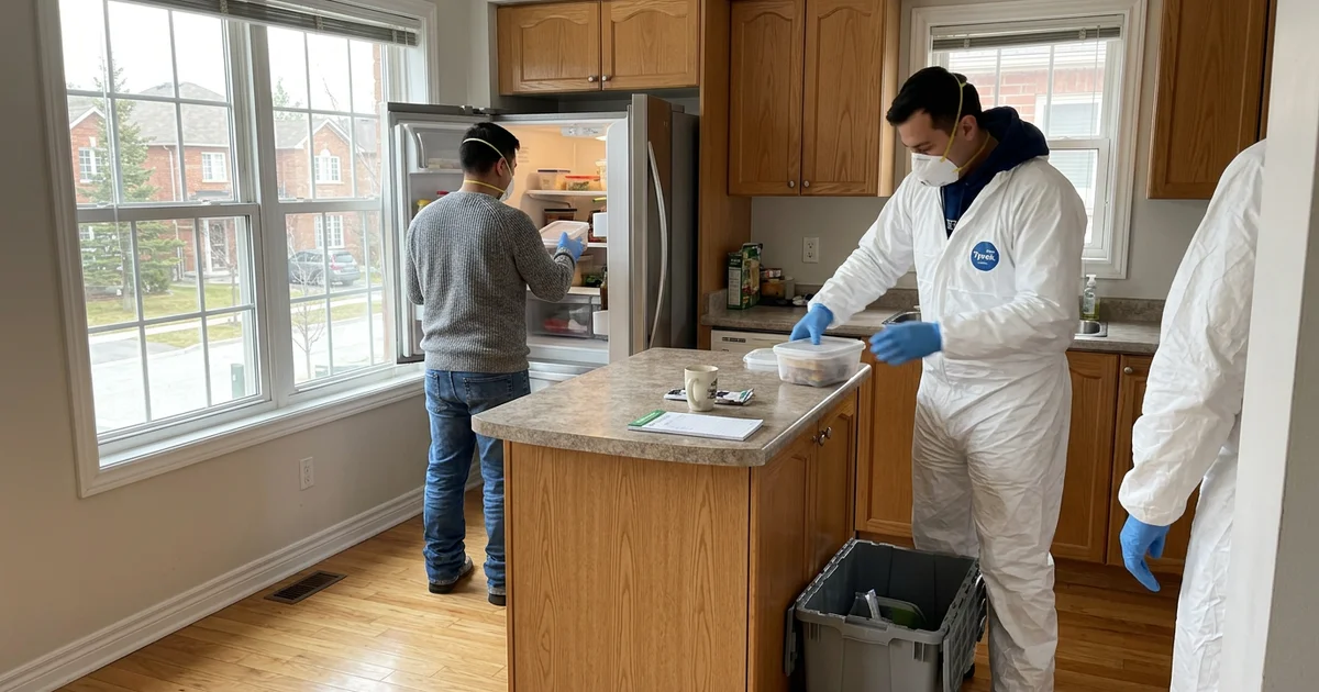 Crew in PPE removing perishables from a clean kitchen