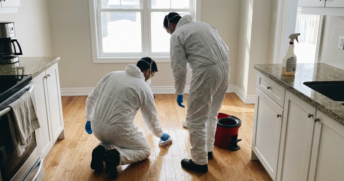 Crew in PPE scrubbing a kitchen floor in a sparse, cleared room