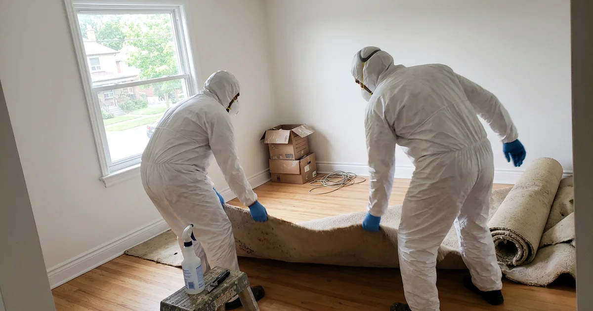 Two crew members in respirators lifting old carpet in an empty room