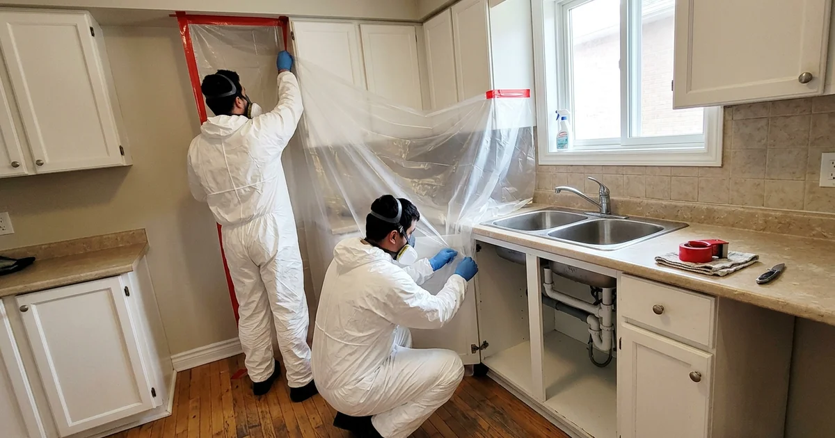 Crew in respirators setting up containment around a sink cabinet