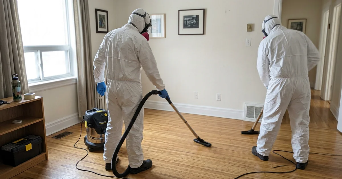 Two crew members in Tyvek and P100 respirators HEPA-vacuuming a cleared floor