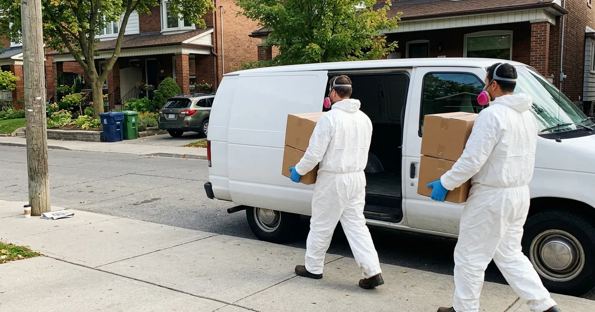 Two crew members in Tyvek suits carrying sealed boxes to an unmarked van
