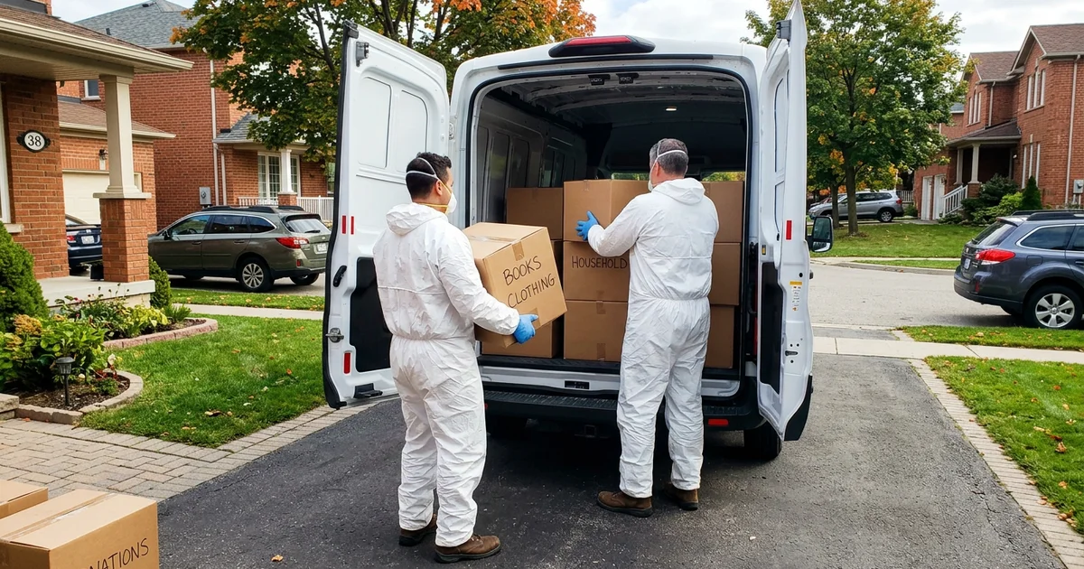 Crew loading packed donation boxes into an unmarked van