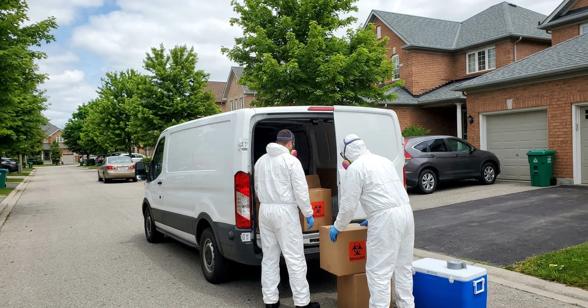 Crew loading sealed biohazard boxes into an unmarked van
