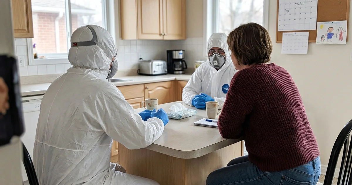 Two crew members talking quietly with a family member at a kitchen table, faces turned away