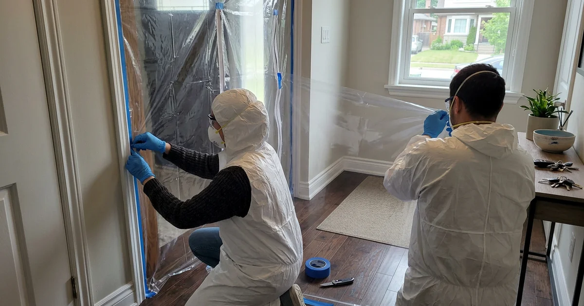 Two technicians in full PPE setting up containment at a doorway