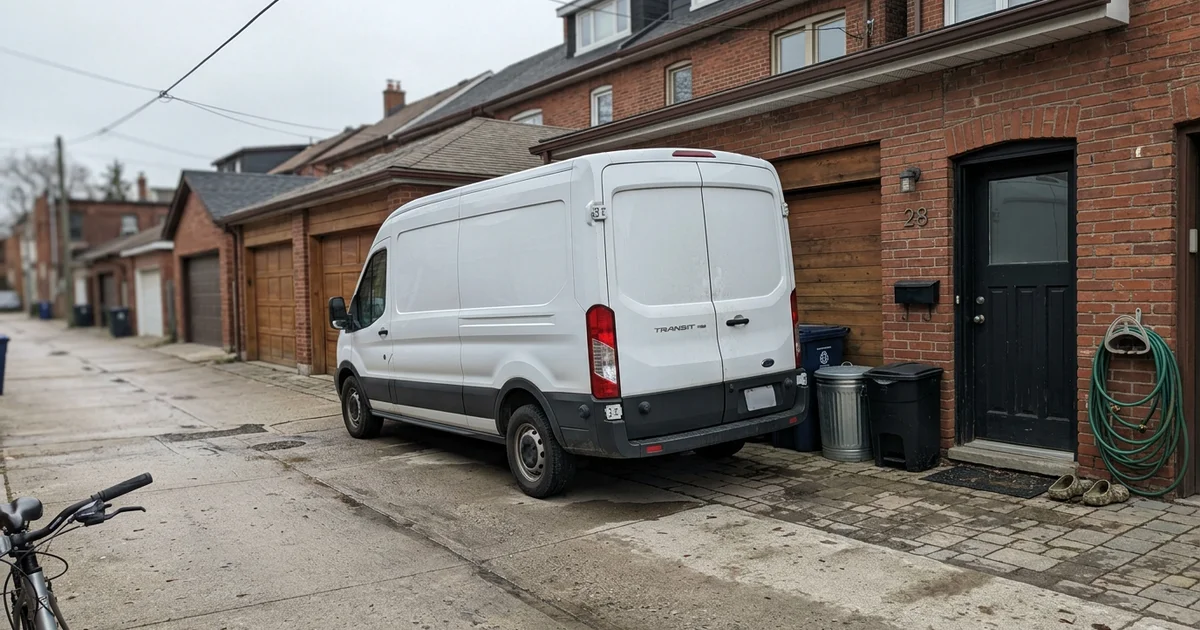 Unmarked white van parked in a quiet laneway behind a Toronto house
