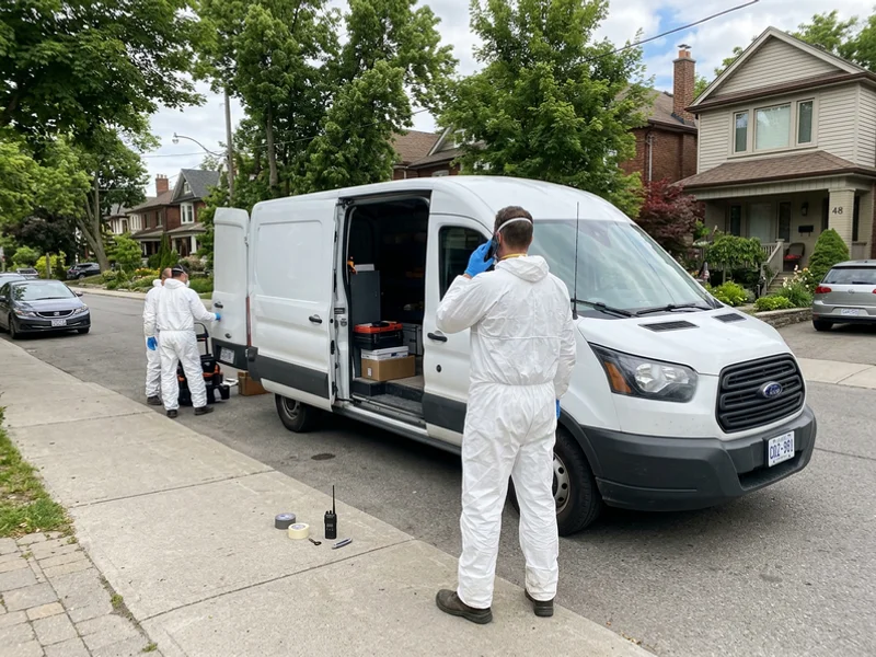 Crew lead on the phone beside an unmarked van