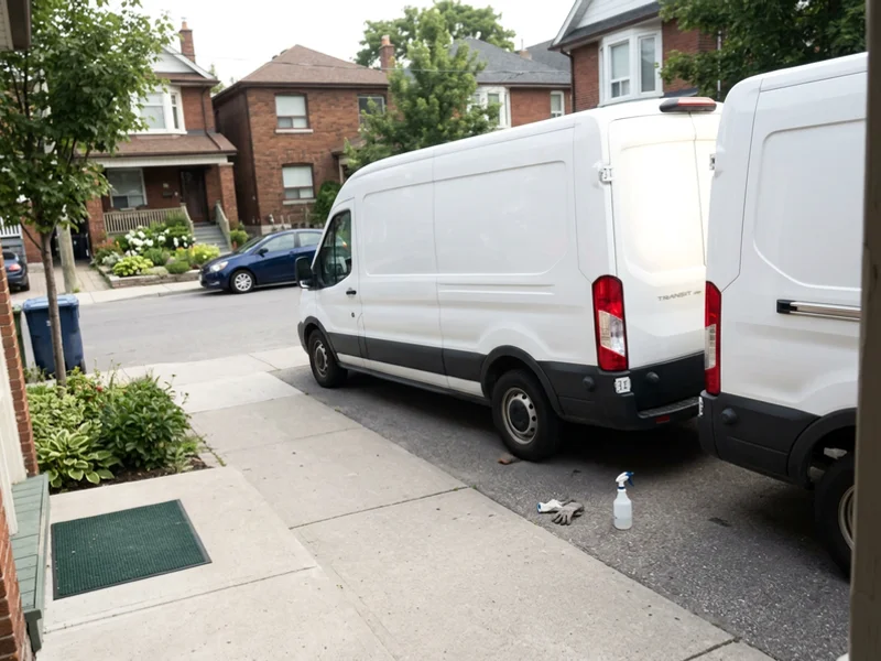 Two unmarked white cleanup vans parked on a quiet residential street