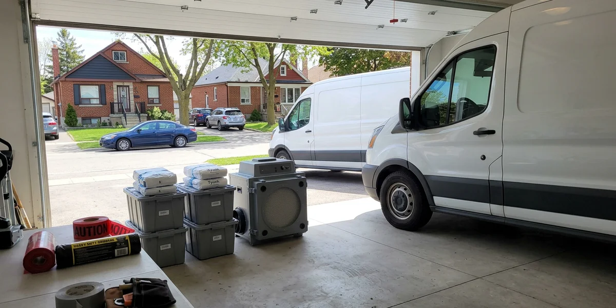 Equipment bay with HEPA air scrubbers, folded Tyvek suits and two unmarked vans
