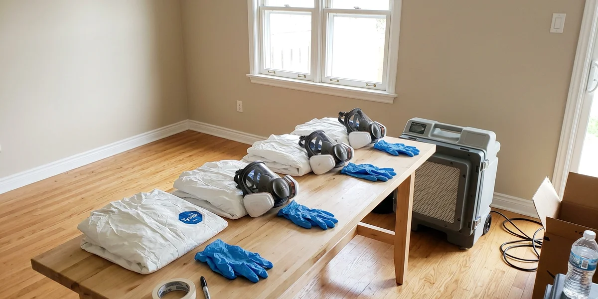 PPE gear on a bench: Tyvek suits, P100 respirators, nitrile gloves and a HEPA air scrubber