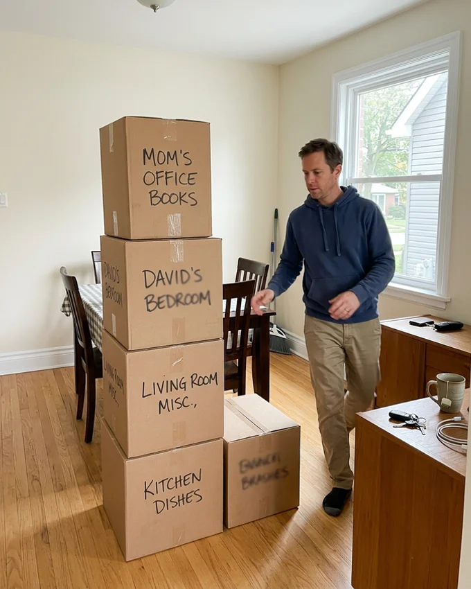 Boxes labelled by family member in a clean dining room