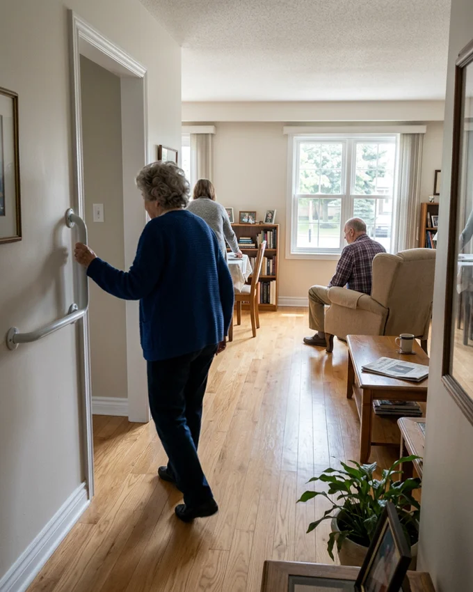 Clear, safe living room with a wide walkway and grab bar