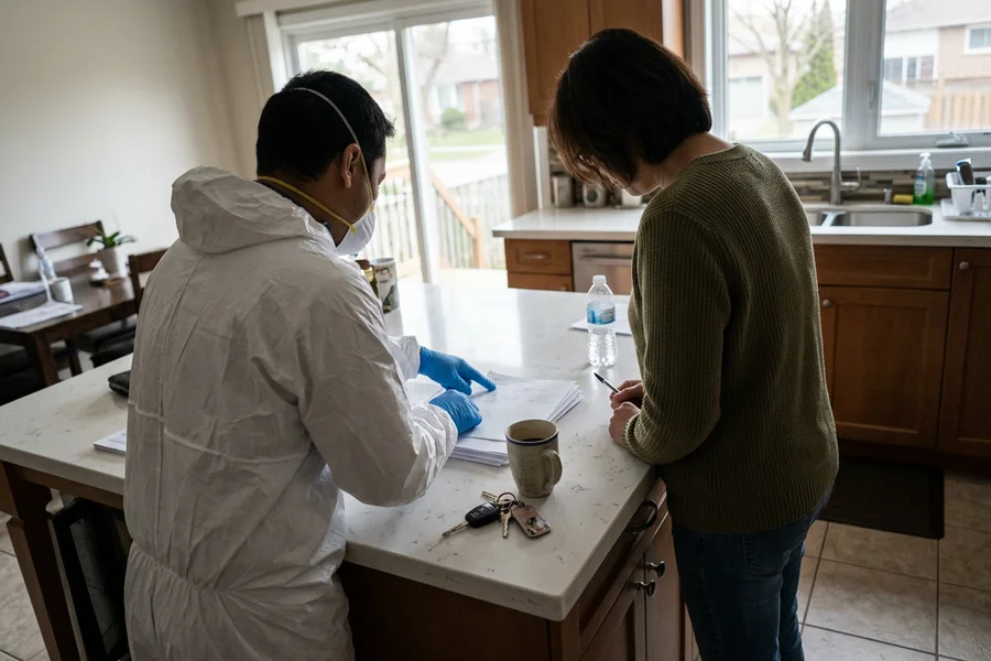 Crew lead and family member reviewing a written scope at a kitchen island