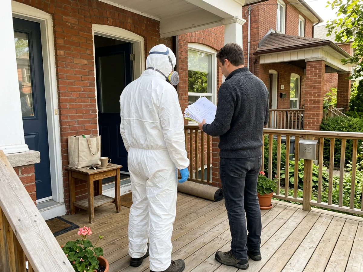Crew lead and property manager reviewing paperwork on a rental porch, seen from behind