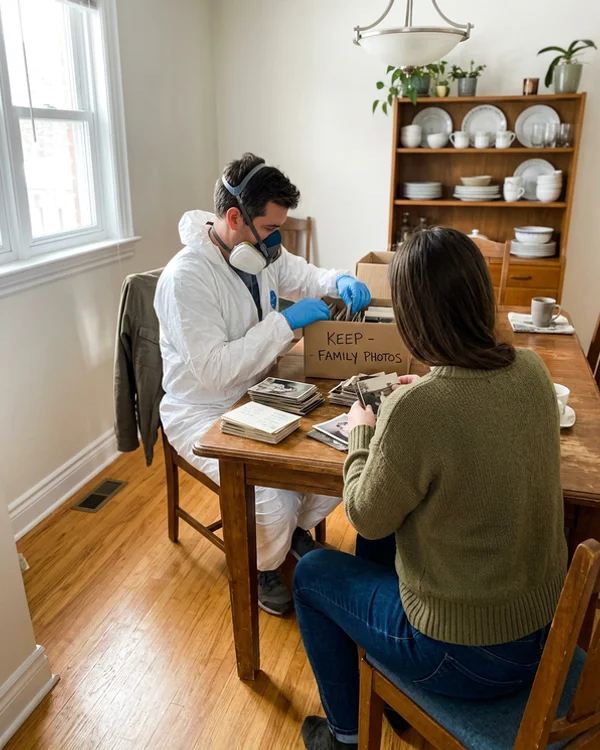 Crew lead and an adult daughter sorting family photos into a keep box