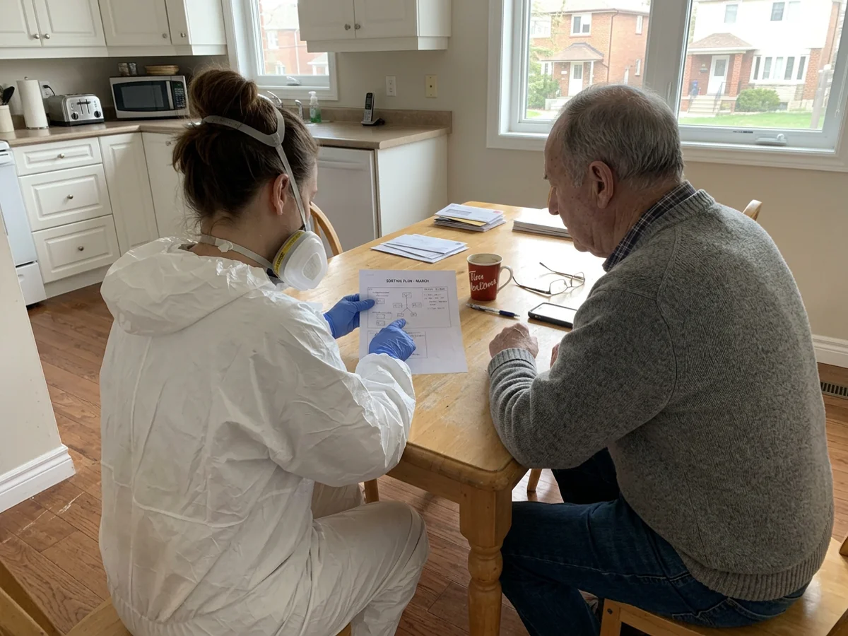 Crew lead and senior resident reviewing a sorting plan at the kitchen table, seen from behind