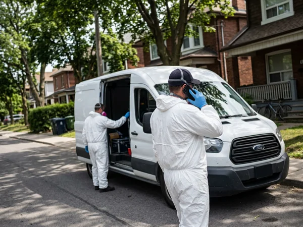 Crew lead making a coordination call beside an unmarked van