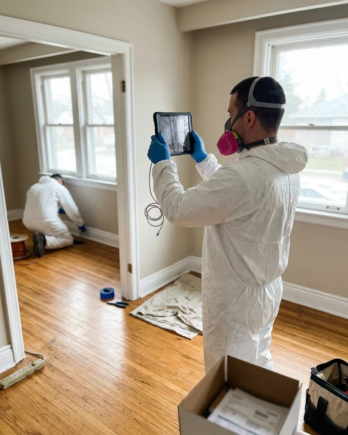 Crew lead photographing a cleared room for documentation