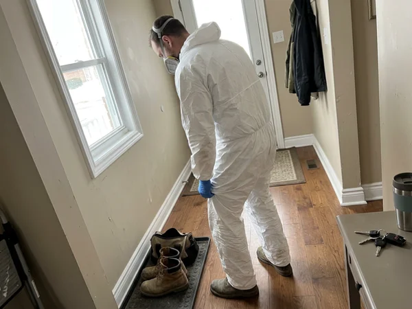 Crew member changing into PPE inside the entry