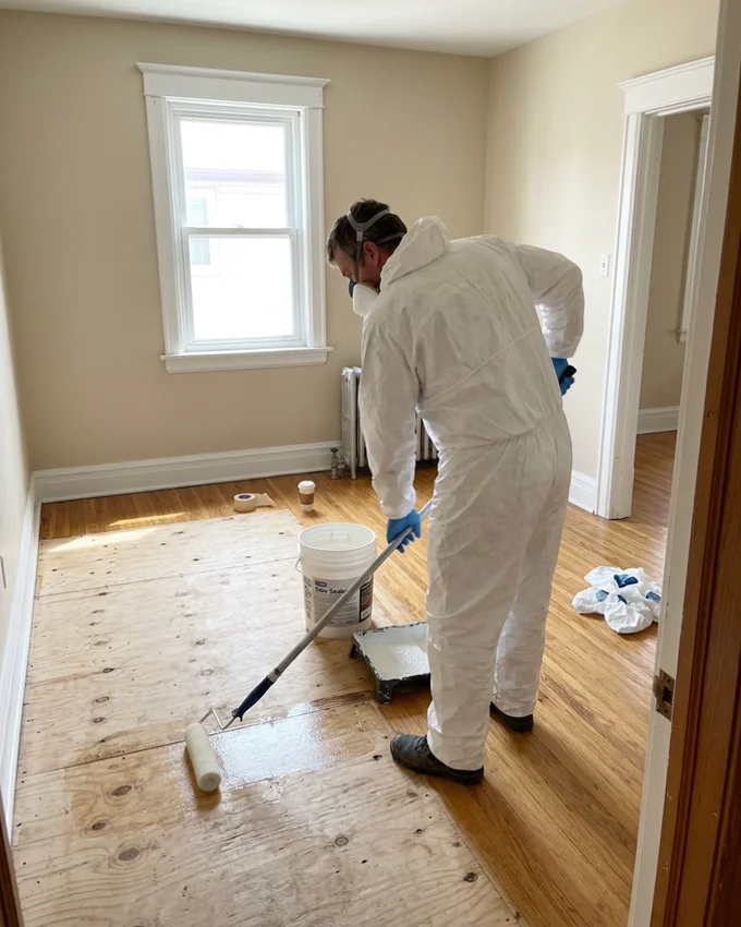 Crew member applying odour sealer to exposed subfloor