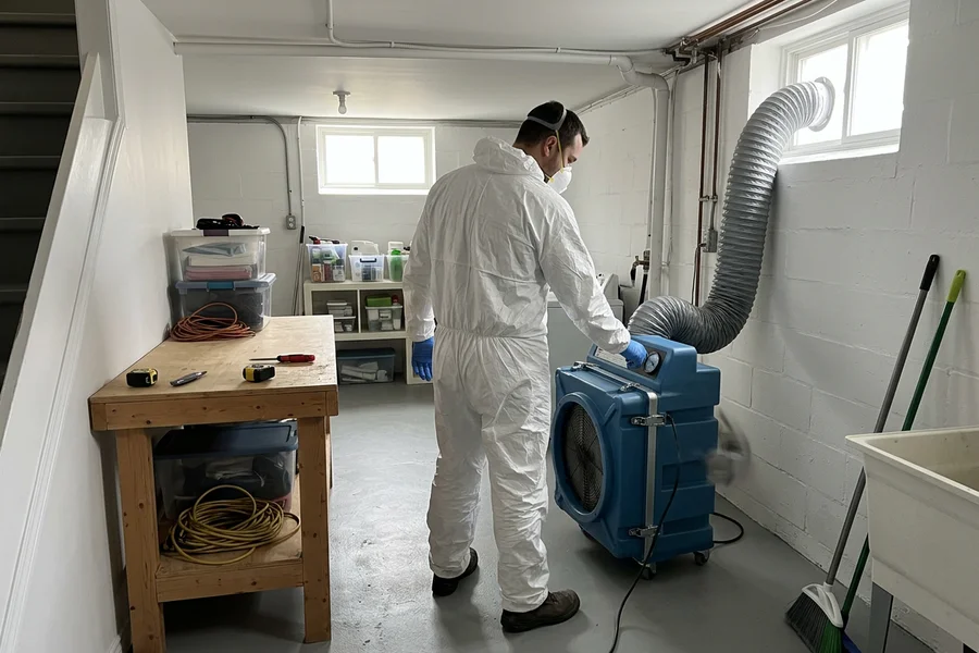Crew member running a HEPA air scrubber in a cleared, dry basement