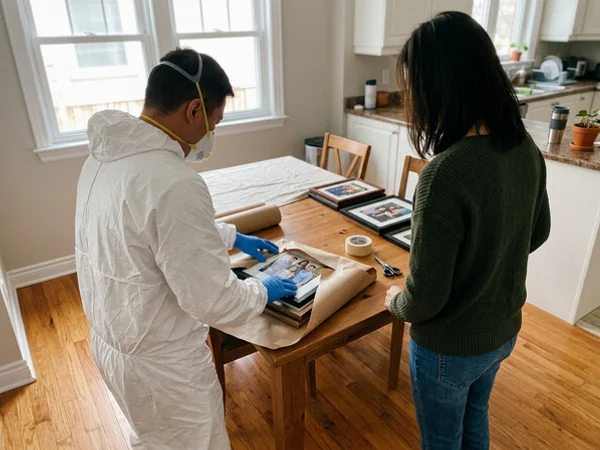 Crew member wrapping framed family photos