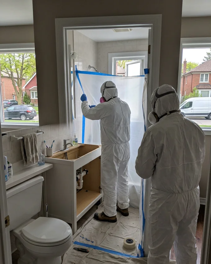 Crew setting up containment around a bathroom vanity