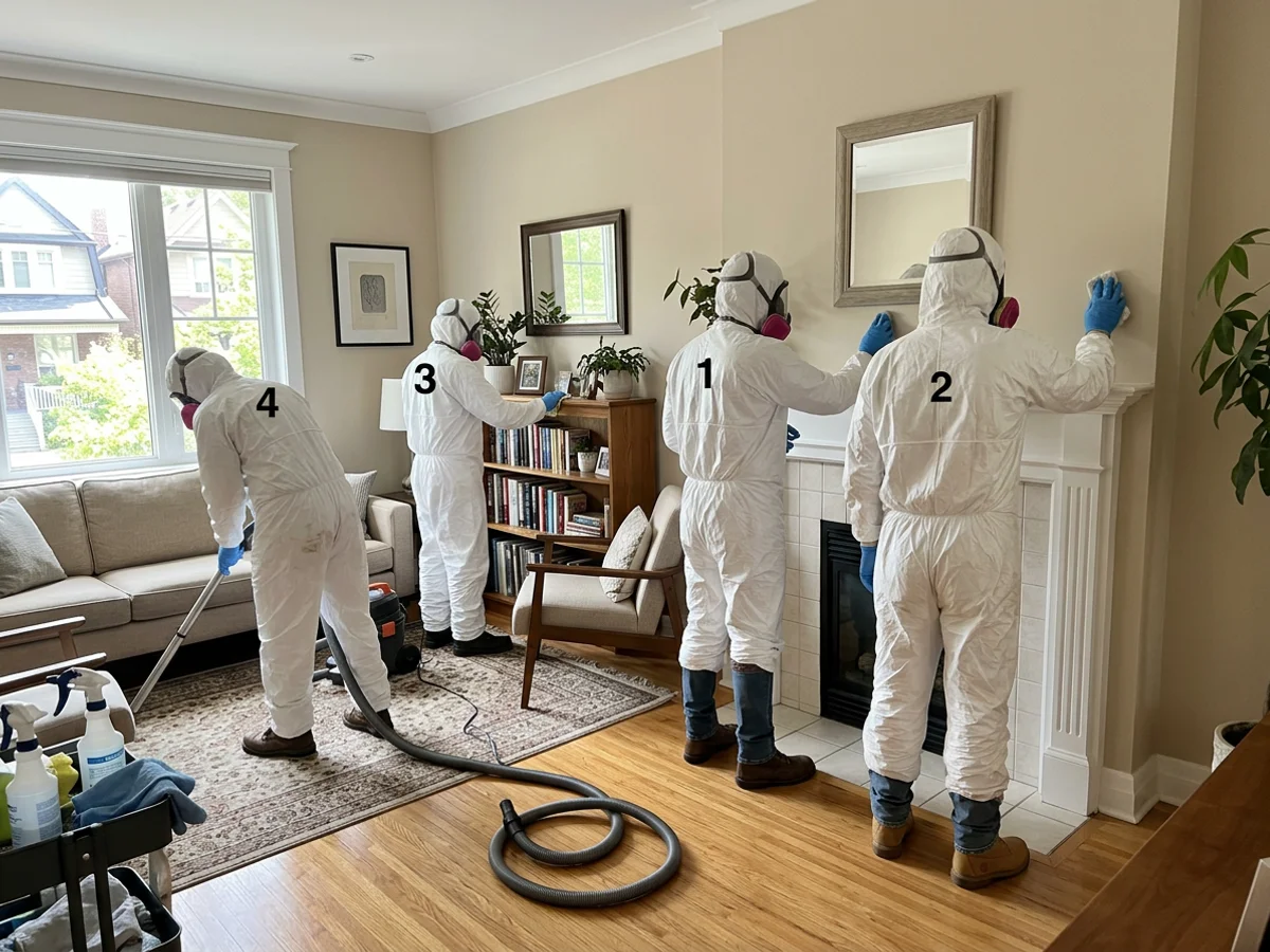 Four-person PPE crew working through a bright, restored Toronto living room, seen from behind