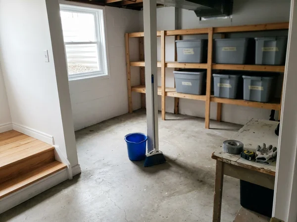 Cleared basement with a few labelled bins