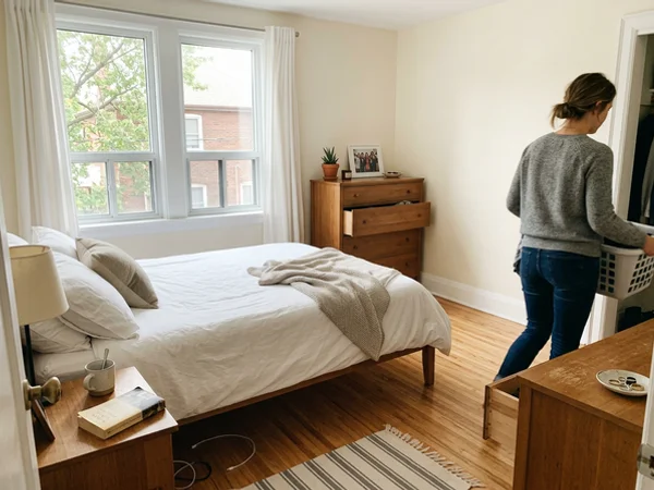 Restored bright bedroom with a clear floor after cleanup