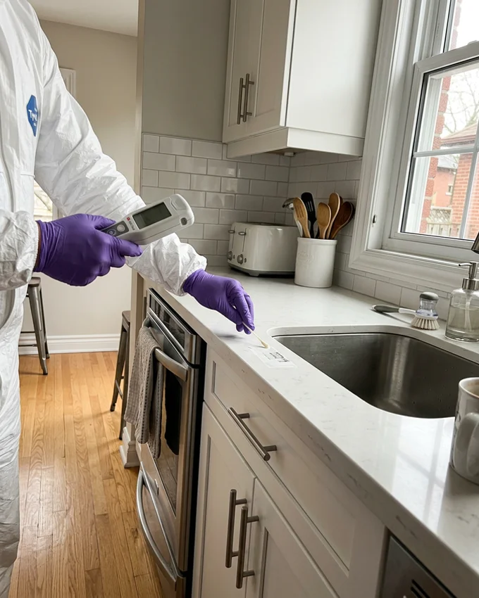Technician running an ATP surface test on a cleaned counter