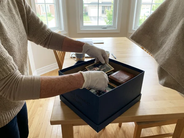Personal belongings set aside in a labelled box for the family