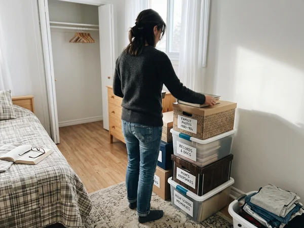 Labelled keepsake boxes set aside for the family