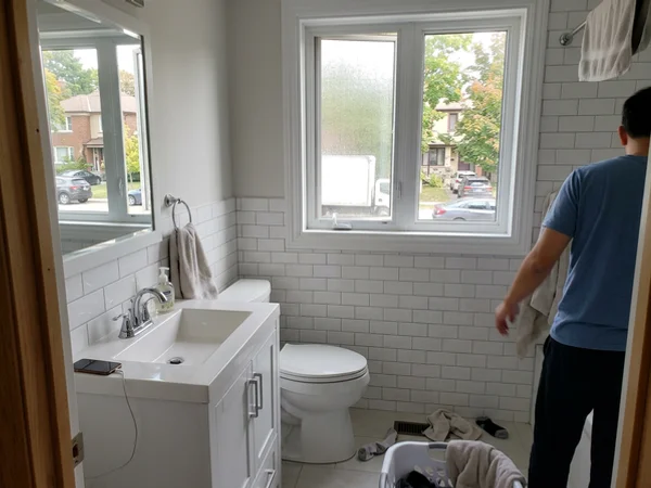 Renewed bathroom with new vanity and toilet