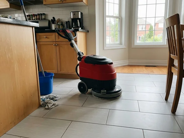 Rotary floor scrubber on a freshly cleaned kitchen floor
