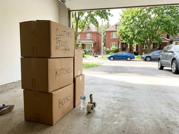 Sorted household items in labelled boxes ready for donation