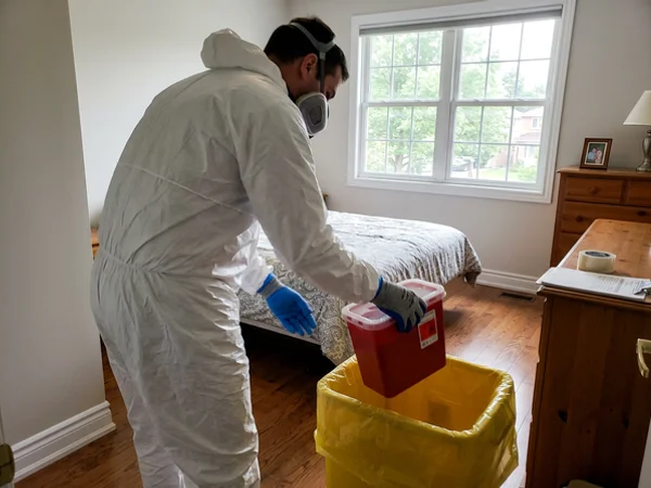 Sharps container placed into a lined disposal bin