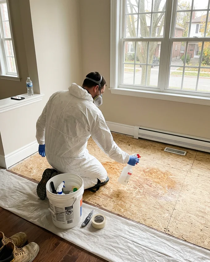 Technician treating exposed subfloor with an enzyme cleaner